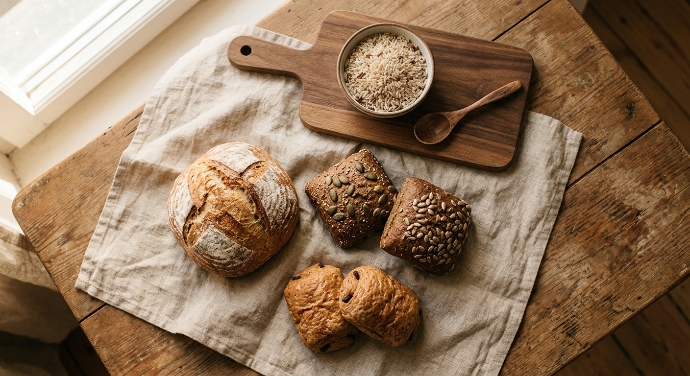 Baked goods arranged on a linen cloth beside a small bowl of rice